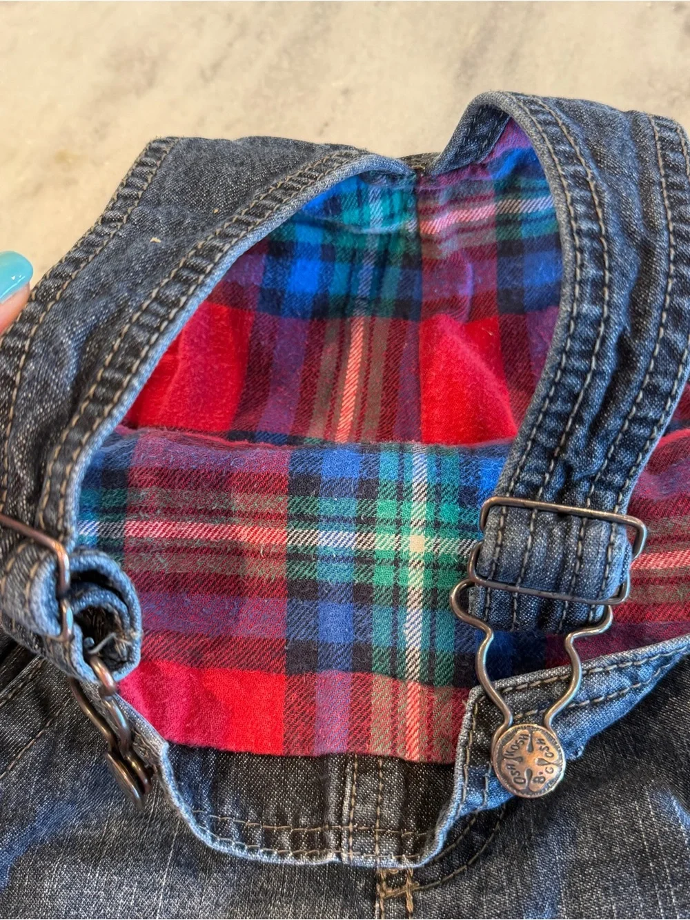 OshKosh B'gosh Dark Blue Denim Plaid Flannel Lined Baby Boy Overalls 12 Months